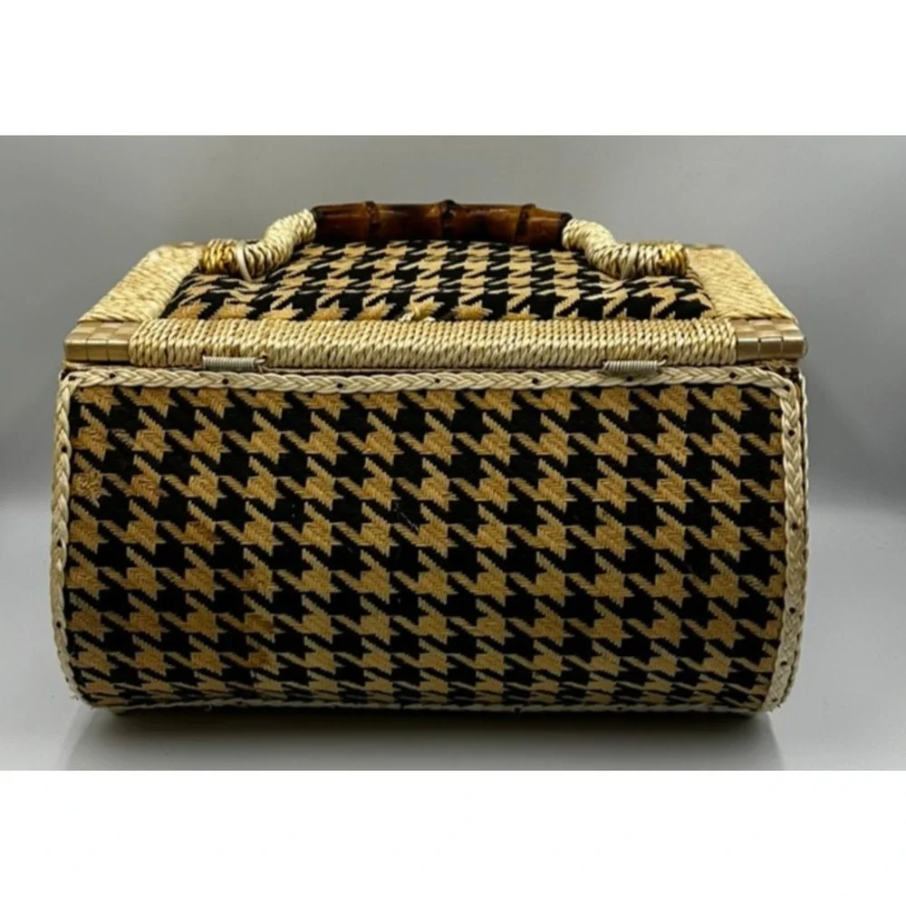 Vintage Singer Sewing Basket Houndstooth Bamboo Handle Box